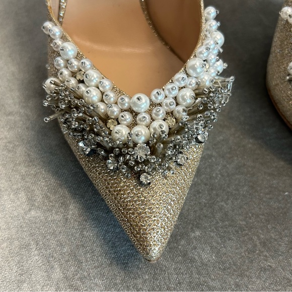 Casadei gold glitter stiletto blade high heel pumps 10 pearl beads rhinestones - Picture 6 of 11